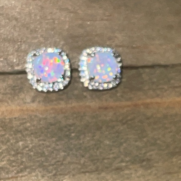 Simulated Fire Pink, Blue Opal, White Gold Plated, Cubic Zirconia Stud Earrings - Picture 9 of 12